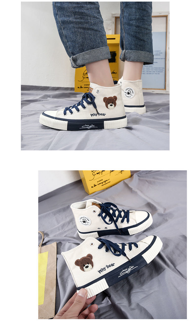 FEELING NEW canvas shoes women&apos;s shoes cartoon bear embroidery sneakers fashion cute ladies shoes