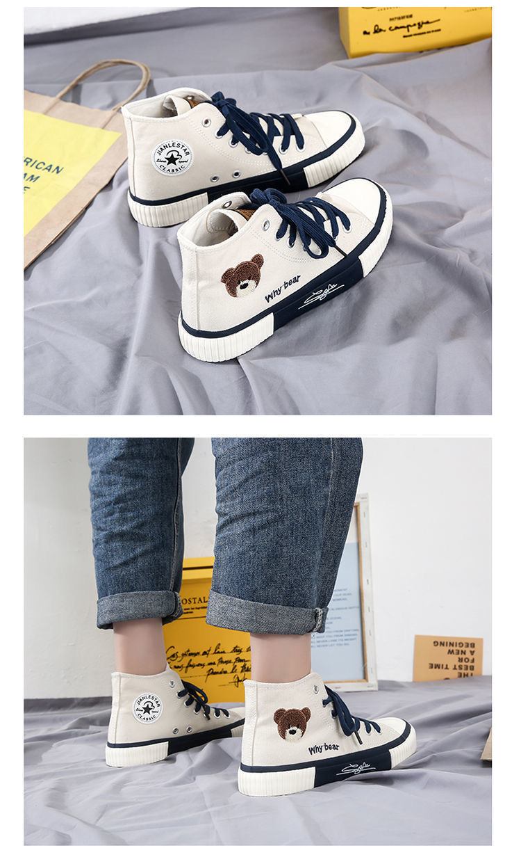 FEELING NEW canvas shoes women&apos;s shoes cartoon bear embroidery sneakers fashion cute ladies shoes