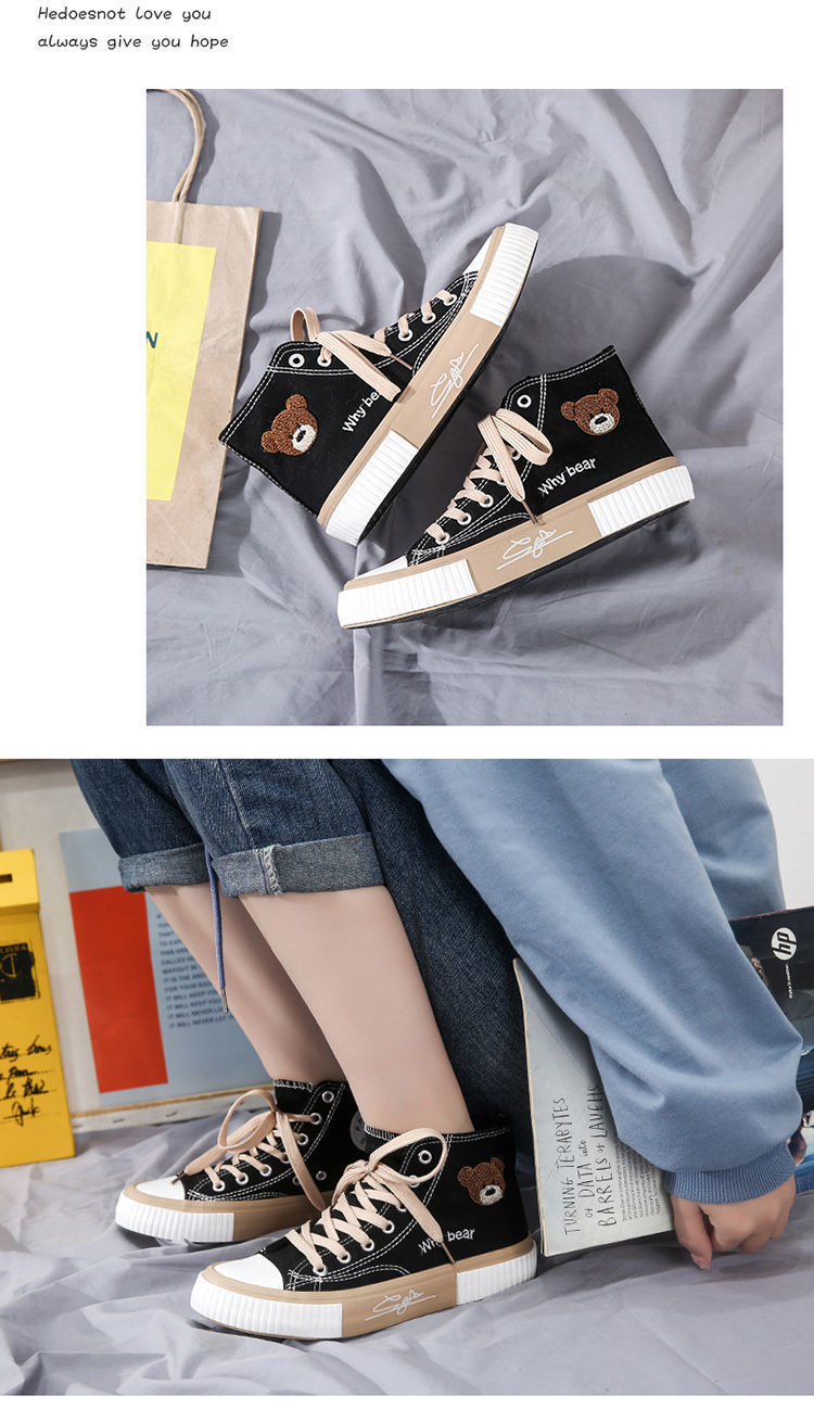 FEELING NEW canvas shoes women&apos;s shoes cartoon bear embroidery sneakers fashion cute ladies shoes