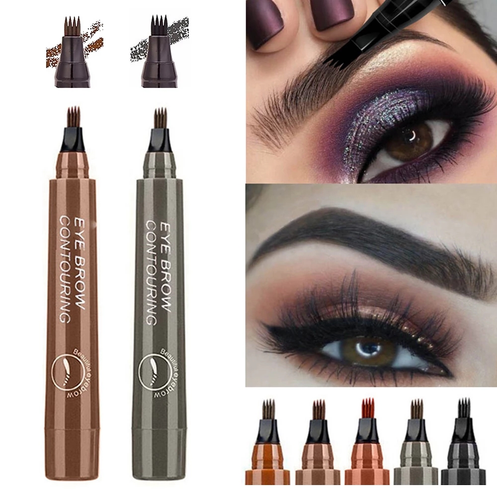 4 Tip Microblading Tattoo Eyebrow Pencil Brow Tattoo Pen Paint Makeup Eyebrows Waterproof Gray Brown