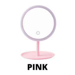 LED Makeup Mirror With Light Lamp With Storage Desktop Rotating Cosmetic Mirror Light Adjustable Dimming USB Vanity Mirror Pink as picture