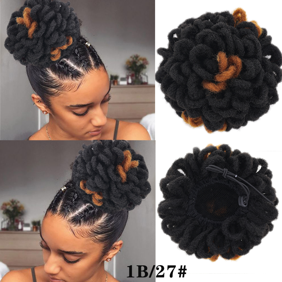 Afro Puff Drawstring Ponytail Dreadlocks Bun LOC Petal Hair Chignon Faux Locs Braided Ponytail Clip in Chignon Scrunchies Hairpiece for Women Girls