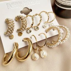 9Pcs/Set Women Earrings Rhinestone Pearl Exaggerated Gold Creative Personality Relief Earrings Women's Fashion Accessories Jewellery Gold as picture