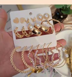 9 PIECES! Earrings Women's Fashion Accessories  Jewellery 9pcs/Set Women Earrings Rhinestone & Pearl Ear Piercing Nine Different Styles Stunning Earrings Set For Girls Gold as picture