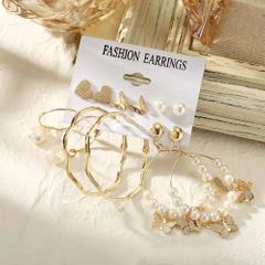 Valentine's Day Gift 6 Pieces!! Earrings Set Acrylic Pearl Earrings Mixed Designs Leopard Tassel Butterfly Stud Earrings Set for Ladies Fashion Accessories Jewellery Earrings Gold as picture