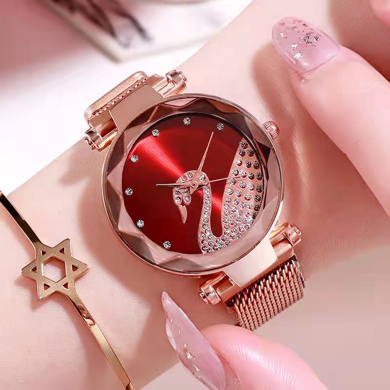 Women Watch Luxury Swan Diamond Starry Geometric Surface Women's Watches With Magnet Buckle Women's Fashion Accessories Watches