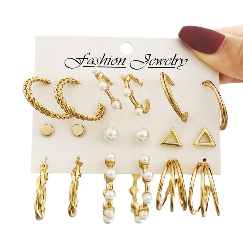 Valentine's Day Gift Elegant Jewelry 9 Pieces! Earrings Pearl c Shape Rhinestone Hoop Earrings Geometric Big Stud Earrings Set Girlfriend Gift Valentine Earrings Attractive Earring Gold as pictureGold,as picture