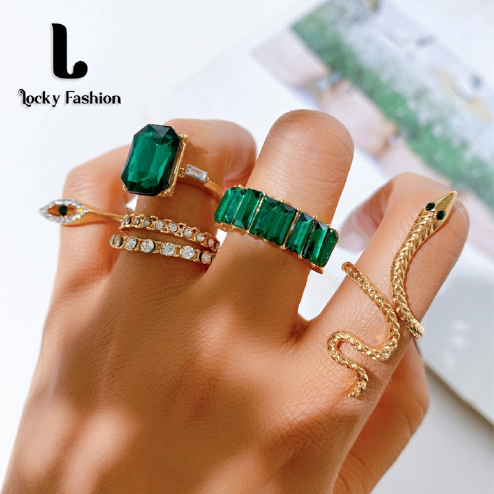Trendy 6 PIECES Rings Snake Rings hoop Ladies Zircon Snake Rings hoop Finger Rings Serpentine emerald Ring Set
