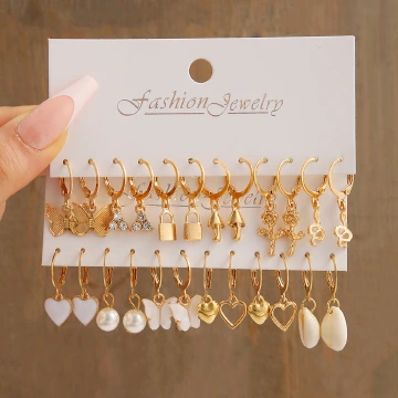 12 Pieces Earrings Set INS Women Fashion Earrings Drop New Love Pearl Lock Snake Butterfly Mushroom Shell Flower Earring Creative PersonalityGold,as picture