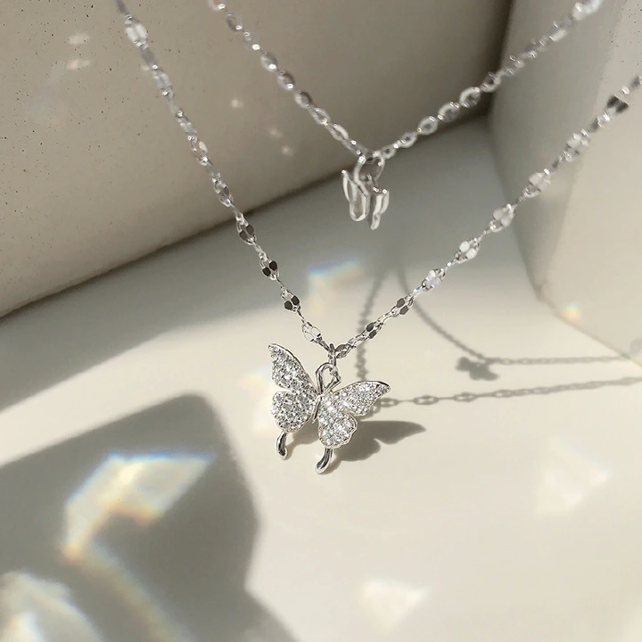 Butterfly Double-Layer Necklace Women's Simple Design Silver Necklace Women Fashion Accessories