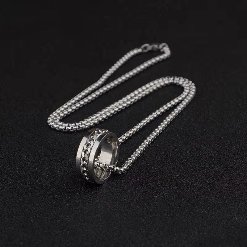 Valentine's Day Gift Hip hop simple titanium steel chain necklace men's and women's oil drop enamel zircon double-ring pendant couple necklace Silver as pictureSilver,as picture