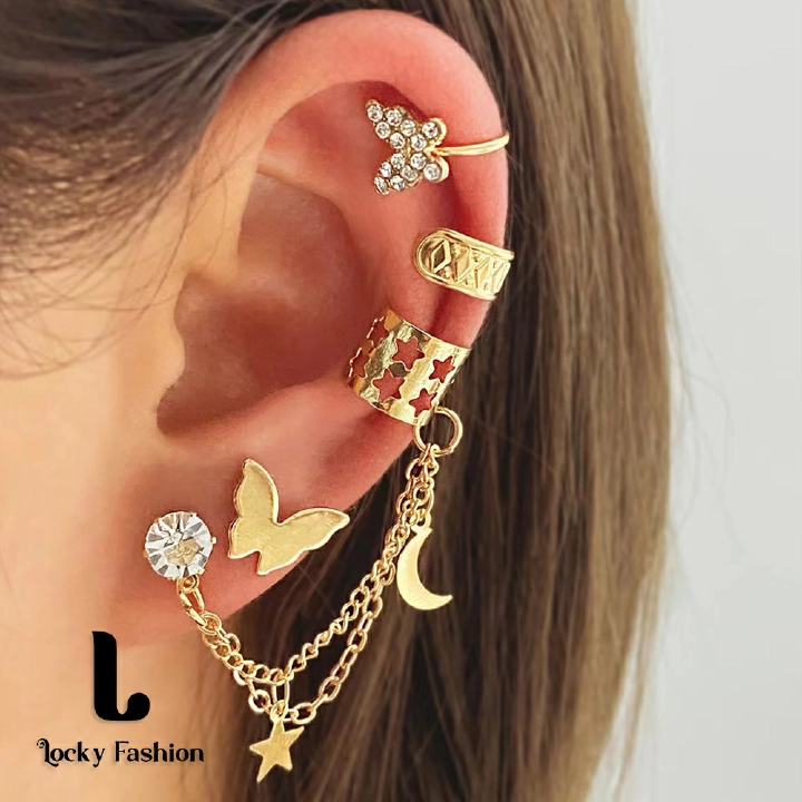 WOW Jewelry Electroplating Earrings For One Ear 5-Pieces/Set Golden Needle Butterfly Ear Line Bone Clip Earring African Fashion Tassel Earrings Women Fashion Accessories Earrings