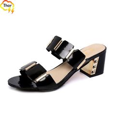 Size37-42 New Summer ladies chunky heels 3cm Women's Shoes PU leather sandal slippers flip flops Heels shoes Black 40