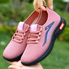 Women's fly woven fashion sneakers students shoes  ladies' gym athletic shoes girls running shoes students flat casual shoes pink shoes   round toe shoes Pink 37