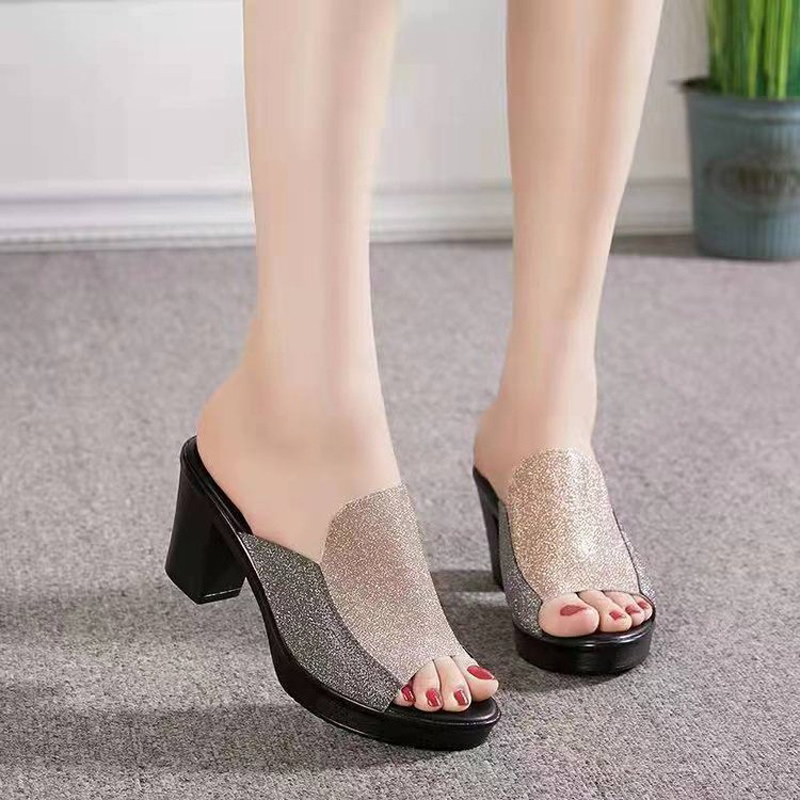 Sizes 38 - 42 women's summer sandals open shoes fashion slippers Ladies sequined High heels Girls comfortable chunky heel shoes heightening shoes Slippers