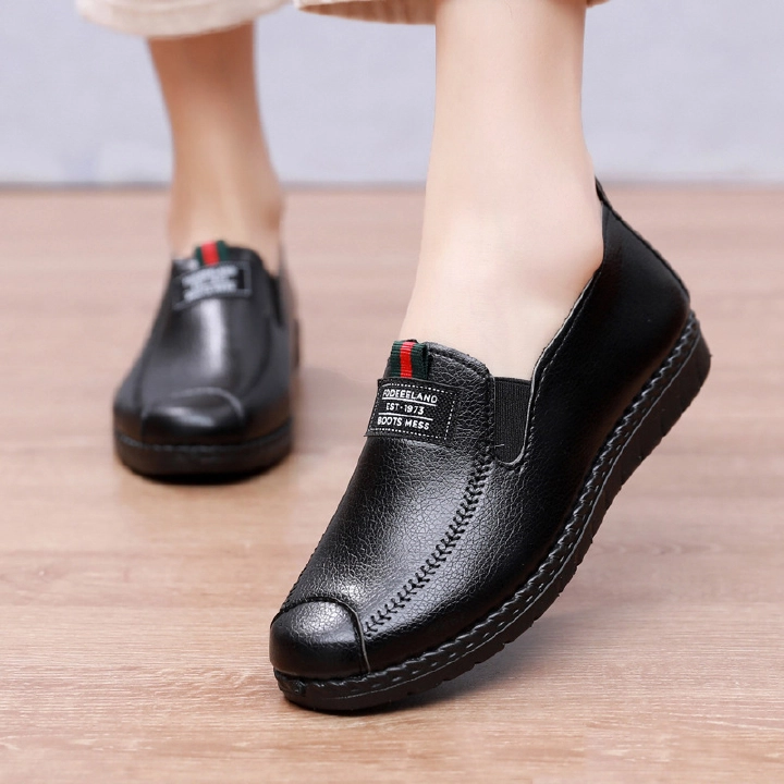 Thor Mother's single court shoes women's artificial leather shoes ladies soft sole anti-skid flats shoes students breathable shoes girls  loafers comfortable bean black shoes