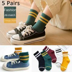 5 Pairs Ages 6-13  children's socks girls Solid color casual stockings Boys sports socks kids mid-leg socks Classic striped casual socks Boys and Girls clothing 5pairs multi colour M (length 17-19cm)