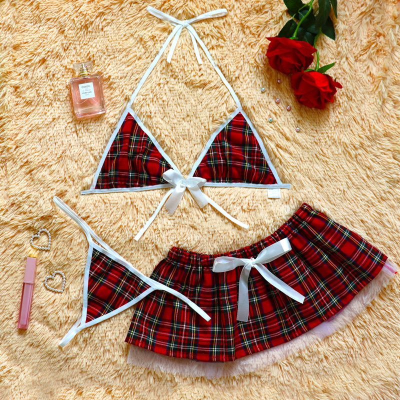 3Pcs girls underwear suit Bra + panties + skirt Size L-2XL seductive red plaid dress Ladies' uniform spice girl outfit Role play women's clothing