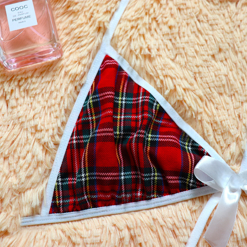 3Pcs girls underwear suit Bra + panties + skirt Size L-2XL seductive red plaid dress Ladies' uniform spice girl outfit Role play women's clothing