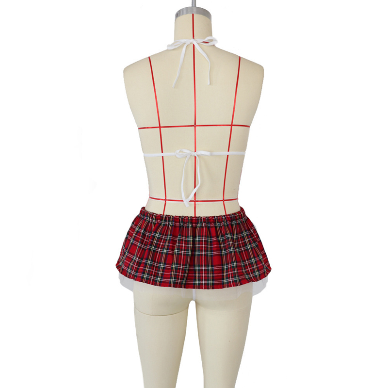 3Pcs girls underwear suit Bra + panties + skirt Size L-2XL seductive red plaid dress Ladies' uniform spice girl outfit Role play women's clothing