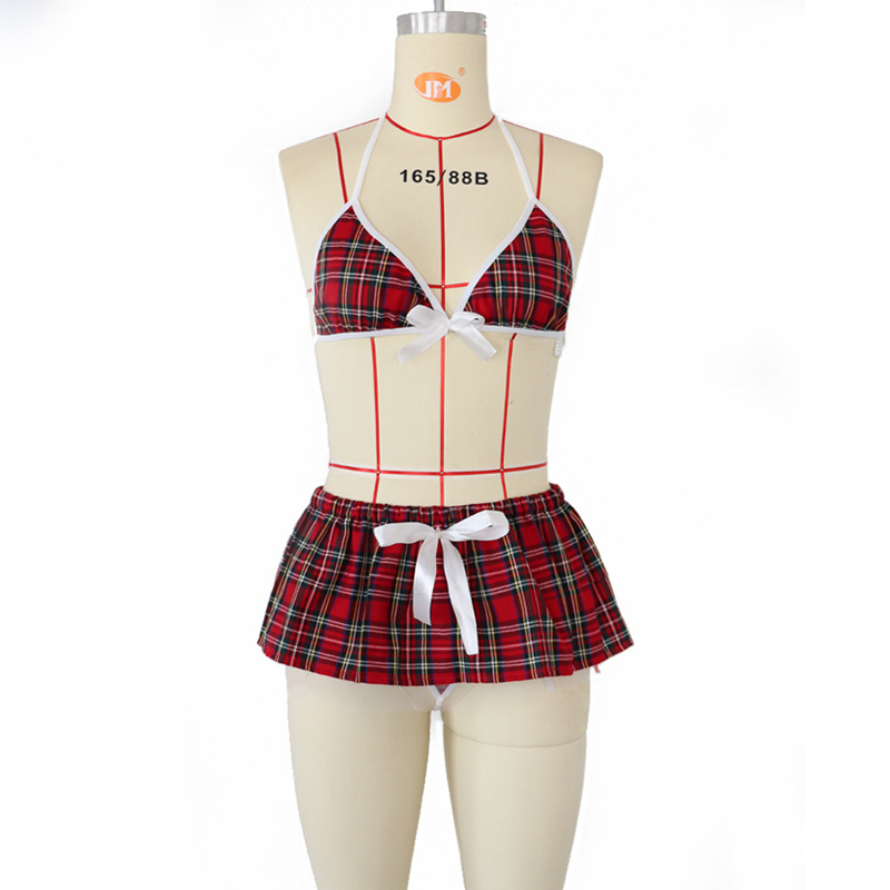 3Pcs girls underwear suit Bra + panties + skirt Size L-2XL seductive red plaid dress Ladies' uniform spice girl outfit Role play women's clothing