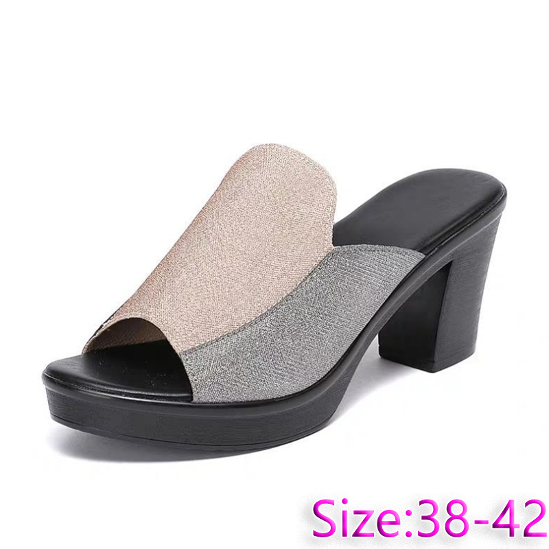 Sizes 38 - 42 women's summer sandals open shoes fashion slippers Ladies sequined High heels Girls comfortable chunky heel shoes heightening shoes Slippers