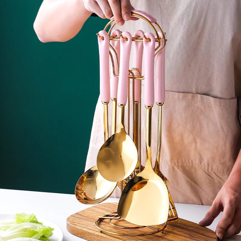 Heavy golden 6pcs Serving spoons+ stand