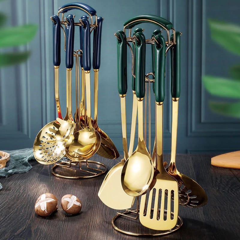 Heavy golden 6pcs Serving spoons+ stand