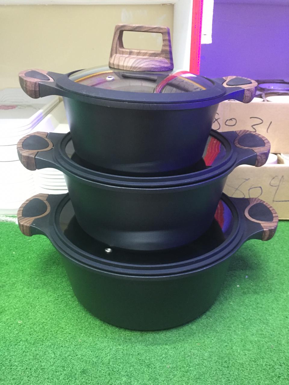 6 pcs Heavy Ceramic cast aluminum cookware set 3 lids and 3 cooking pots