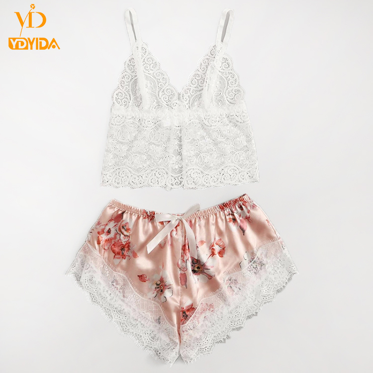 New Arrival Three-piece Set Nightwears  Pink Floral Robe Lace Top and Down Pajamas Sets Sexy Sleepwear Comfortable Nightgowns Lace Vest With Comfortable Shorts And Long-sleeved Robe Suit