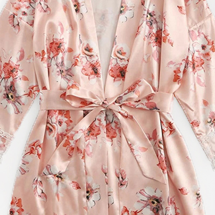 New Arrival Three-piece Set Nightwears  Pink Floral Robe Lace Top and Down Pajamas Sets Sexy Sleepwear Comfortable Nightgowns Lace Vest With Comfortable Shorts And Long-sleeved Robe Suit