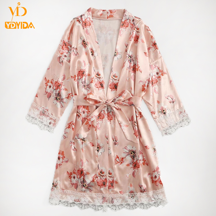 New Arrival Three-piece Set Nightwears  Pink Floral Robe Lace Top and Down Pajamas Sets Sexy Sleepwear Comfortable Nightgowns Lace Vest With Comfortable Shorts And Long-sleeved Robe Suit
