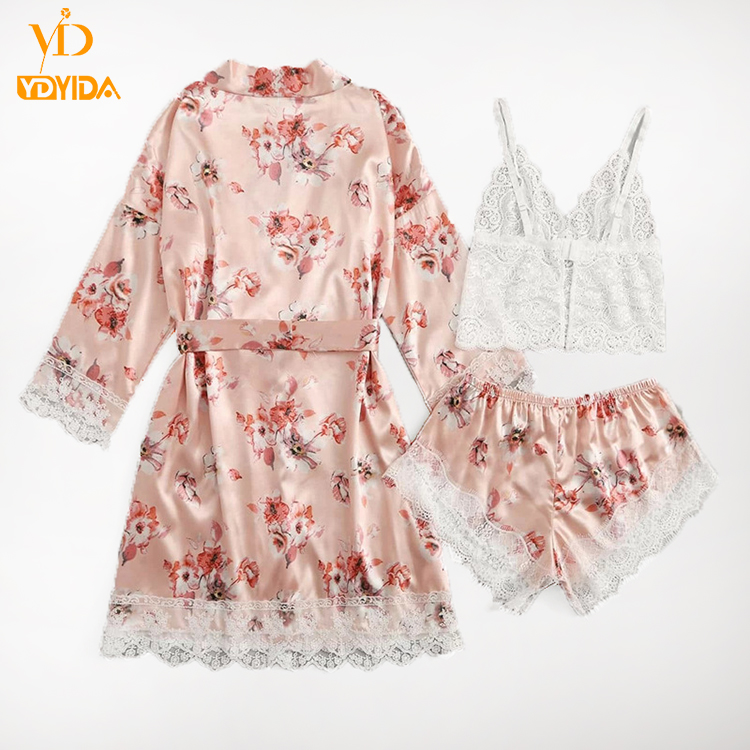 New Arrival Three-piece Set Nightwears  Pink Floral Robe Lace Top and Down Pajamas Sets Sexy Sleepwear Comfortable Nightgowns Lace Vest With Comfortable Shorts And Long-sleeved Robe Suit