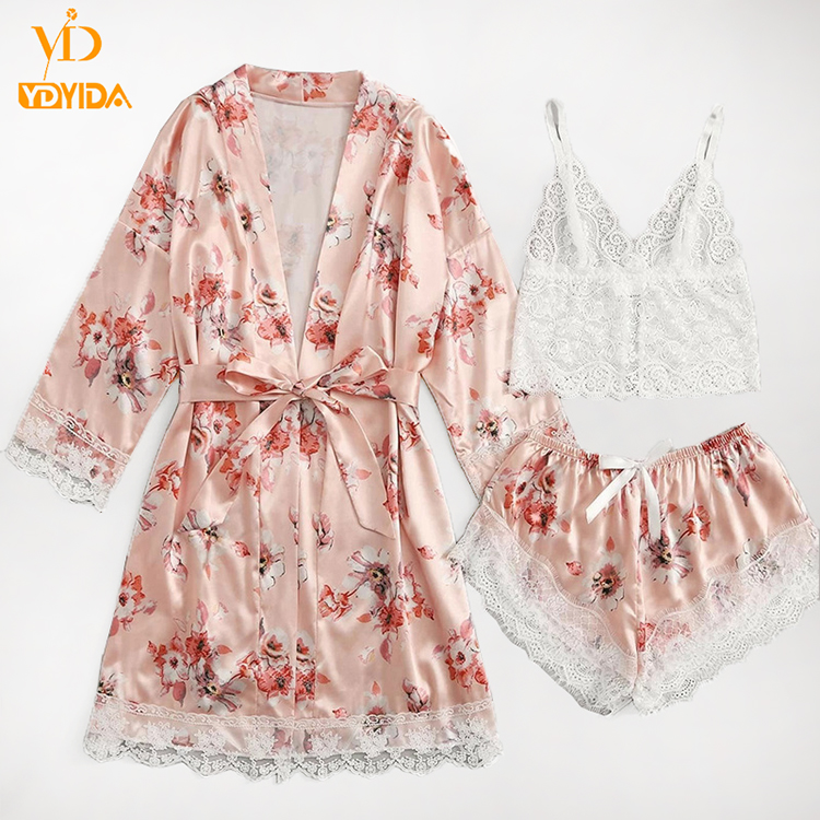 New Arrival Three-piece Set Nightwears  Pink Floral Robe Lace Top and Down Pajamas Sets Sexy Sleepwear Comfortable Nightgowns Lace Vest With Comfortable Shorts And Long-sleeved Robe Suit