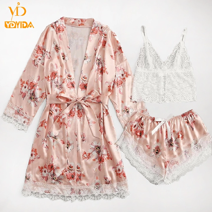 New Arrival Three-piece Set Nightwears  Pink Floral Robe Lace Top and Down Pajamas Sets Sexy Sleepwear Comfortable Nightgowns Lace Vest With Comfortable Shorts And Long-sleeved Robe Suit