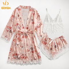 New Arrival Three-piece Set Nightwears  Pink Floral Robe Lace Top and Down Pajamas Sets Sexy Sleepwear Comfortable Nightgowns Lace Vest With Comfortable Shorts And Long-sleeved Rob XL Pink