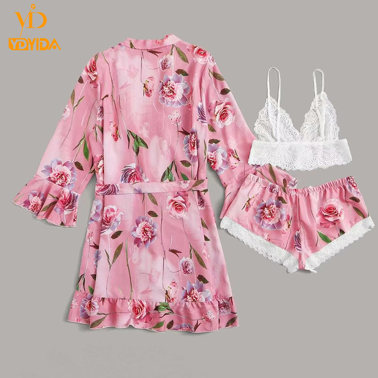 New Style Women'S Sleepwear Sexy Women Lounge Wear 3 Pieces Set Night Wear Pajamas Sets Floral Nightgowns Lounge Wear