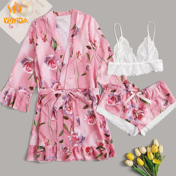 New Style Women'S Sleepwear Sexy Women Lounge Wear 3 Pieces Set Night Wear Pajamas Sets Floral Nightgowns Lounge Wear