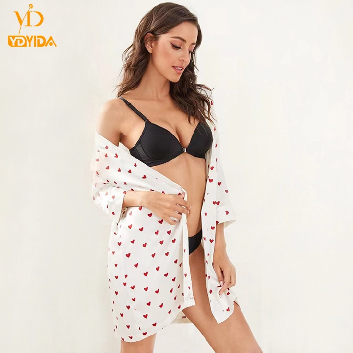 Ladies Lace Top and Knicker Robe Three Pieces Pajamas Sets Sexy Set Nightwear Small Red Heart Printing Satin Silk Casual Nightgowns Lounge Wear