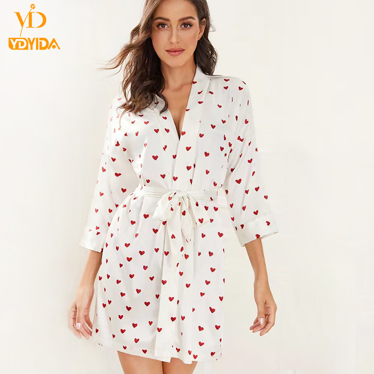 New Arrival Ladies Fashional Large Size Sleepwear Sexy Set Nightwear Small Red Heart Printing  Satin Ice Silk Robe Nightgown Three Pieces Pajamas Nightdress Nighty
