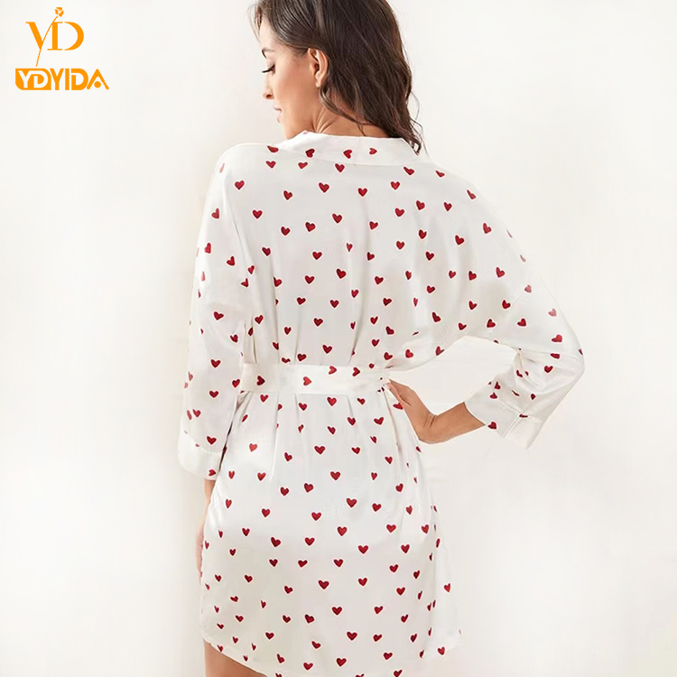New Arrival Ladies Fashional Large Size Sleepwear Sexy Set Nightwear Small Red Heart Printing  Satin Ice Silk Robe Nightgown Three Pieces Pajamas Nightdress Nighty