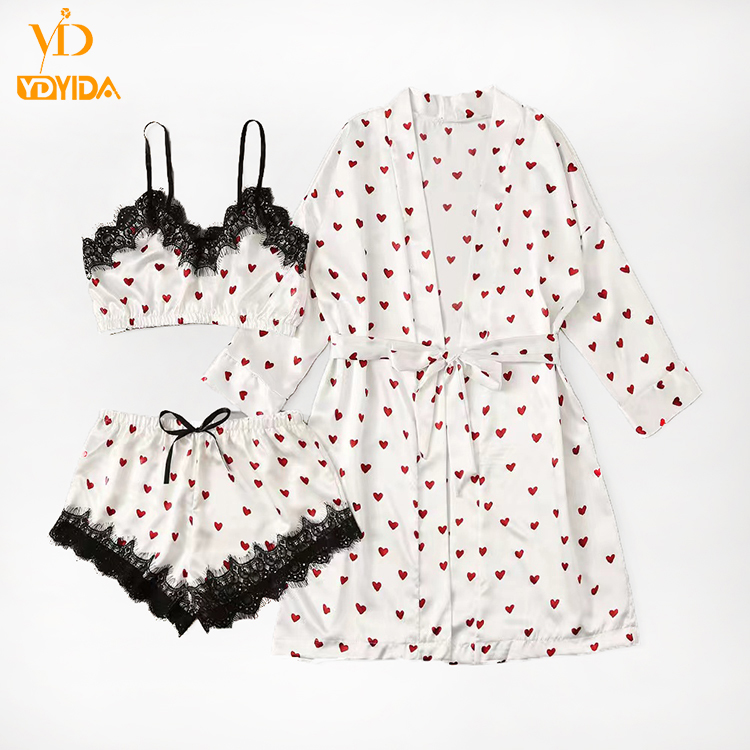 Ladies Lace Top and Knicker Robe Three Pieces Pajamas Sets Sexy Set Nightwear Small Red Heart Printing Satin Silk Casual Nightgowns Lounge Wear