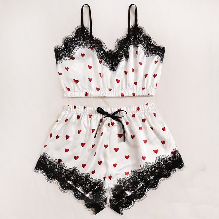 Ladies Lace Top and Knicker Robe Three Pieces Pajamas Sets Sexy Set Nightwear Small Red Heart Printing Satin Silk Casual Nightgowns Lounge Wear