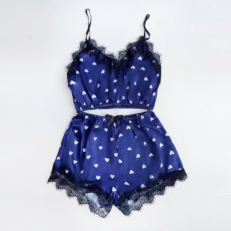 Ladies Lace Top and Knicker Robe Three Pieces Pajamas Sets Sexy Set Nightwear Small Red Heart Printing Satin Silk Casual Nightgowns Lounge Wear