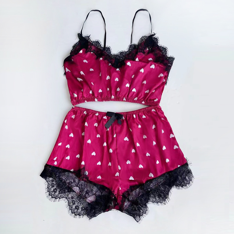 Ladies Lace Top and Knicker Robe Three Pieces Pajamas Sets Sexy Set Nightwear Small Red Heart Printing Satin Silk Casual Nightgowns Lounge Wear
