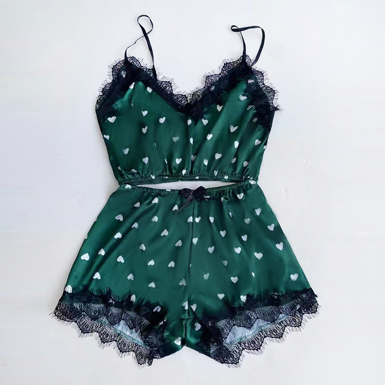 Ladies Lace Top and Knicker Robe Three Pieces Pajamas Sets Sexy Set Nightwear Small Red Heart Printing Satin Silk Casual Nightgowns Lounge Wear