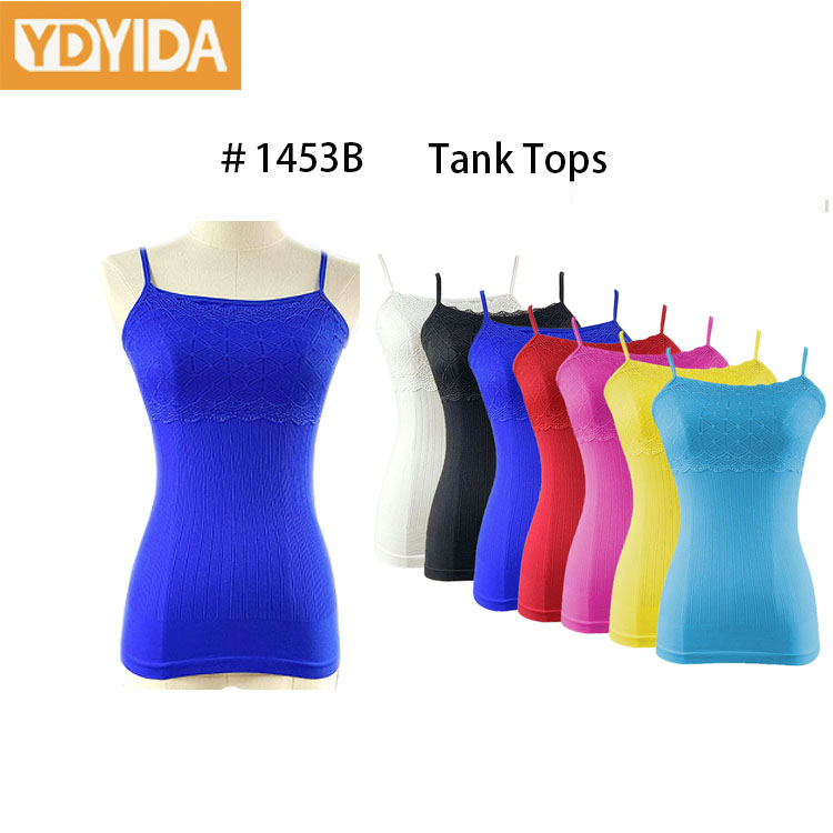 New Fashion Sleeveless Spaghetti Straps Lace-covered  Ribbed  Stretchy Tank Top Solid Color Cami Camisole Ladies Vest Daily Shirts