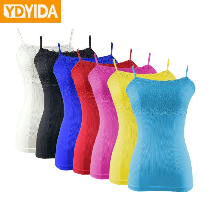 New Fashion Sleeveless Spaghetti Straps Lace-covered  Ribbed  Stretchy Tank Top Solid Color Cami Camisole Ladies Vest Daily Shirts