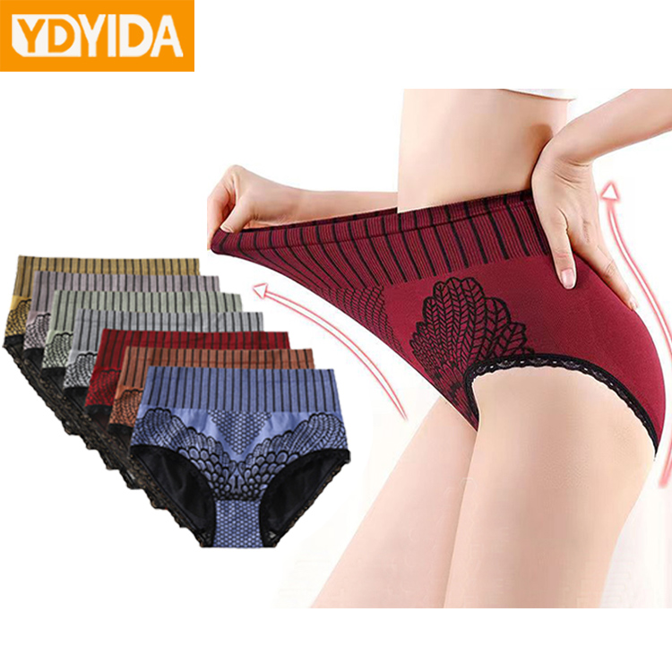 6Pcs New Arrival New High Elasticity High Waist Abdomen Hip Raise Lace Cotton Crotch Large Size Ladies Panties