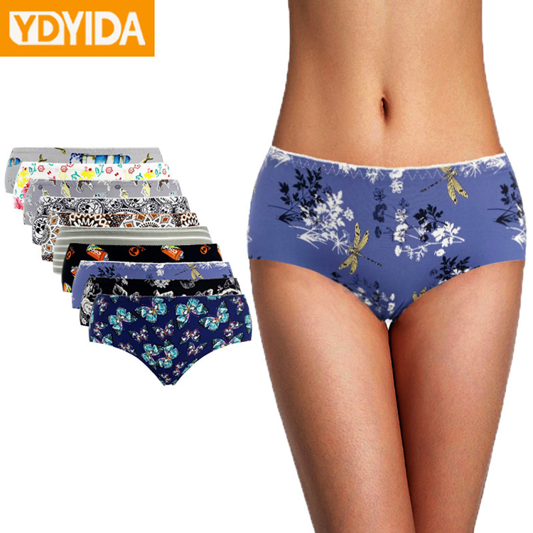 New Arrival 6Pcs Ladies Ice Silk Briefs  Middle Waist Quick Dry Breathable Comfortable Hip Lifting Ladies Thongs Seamless Printing Stretch Panties